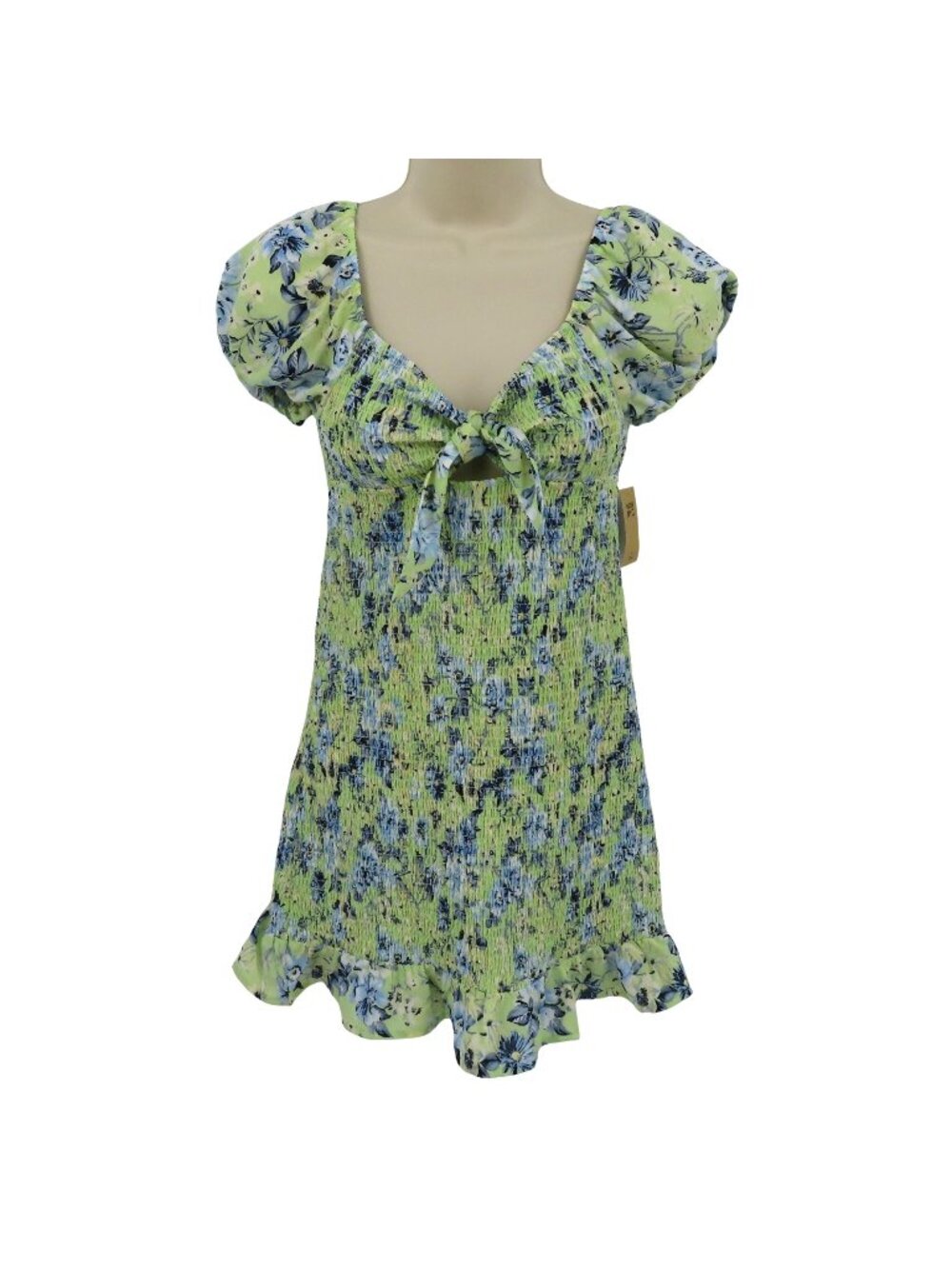 NEW Madden NYC Womens Small Green Blue Flower Floral Puckered Bodycon Sun Dress